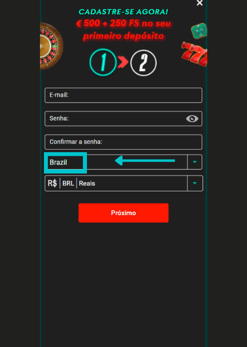 In the Pin Up registration form, select your country (Brazil)