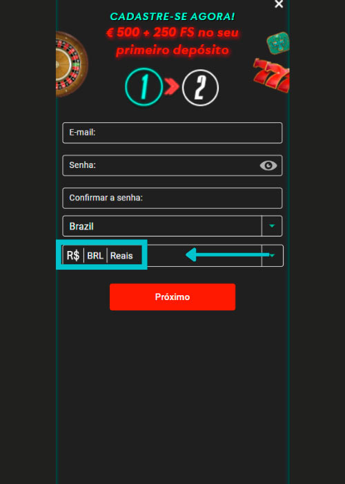 In the Pin Up registration form, select the currency type