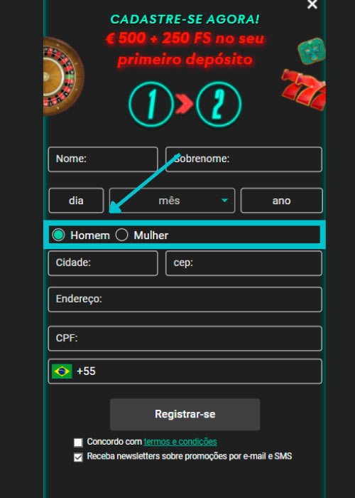 On the Pin Up registration form, select your gender